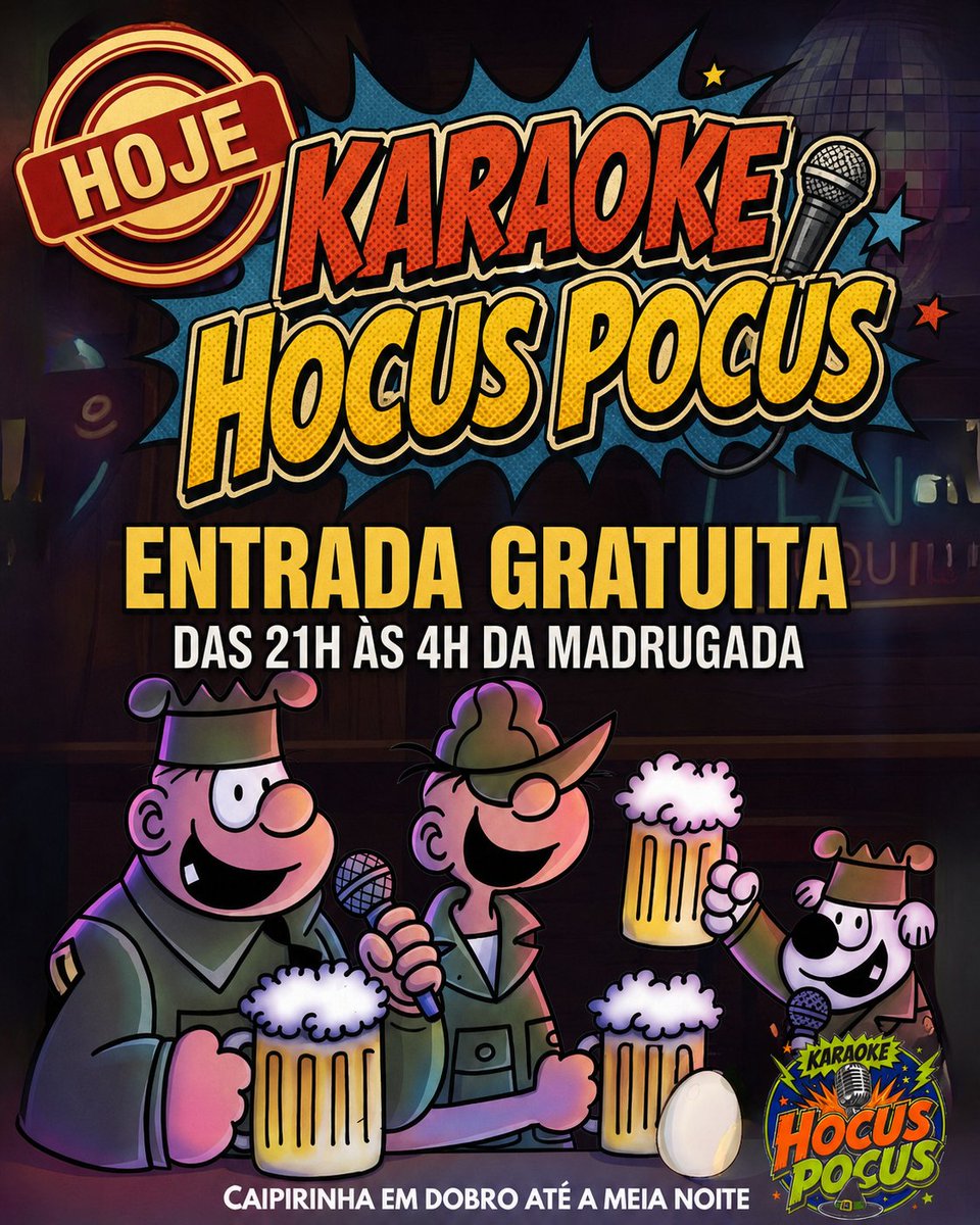hocuspocus_sjc's tweet photo. Hoje a partir das 21h pare com tudo que estiver fazendo e venha se divertir no KARAOKE HOCUS

A entrada é GRATUITA e a caipirinha em dobro vai até a 00h.

Os talentos do gogó tem até às 4h da madrugada.

*Recruta Zero (Beetle Bailey) Mort Walker 1950

#KaraokeHocus #VemProHocus https://t.co/aBSYDD1lba