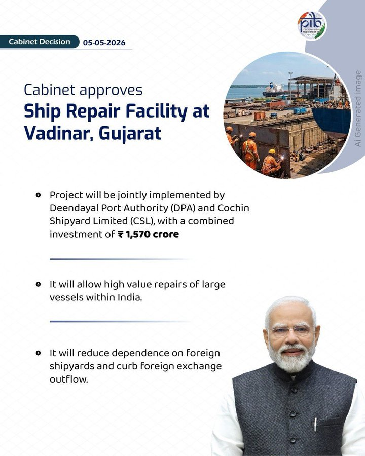 PIBAgartala's tweet image. #CabinetDecisions:
কেন্দ্রীয় মন্ত্রিসভা গুজরাটের ভাদিনারে জাহাজ মেরামত কেন্দ্র স্থাপনের অনুমোদন দিয়েছে|
প্রকল্পটি যৌথভাবে বাস্তবায়ন করবে দীনদয়াল পোর্ট অথরিটি #DPA ও কোচিন শিপইয়ার্ড লিমিটেড, যার মোট বিনিয়োগ প্রায় ১,৫৭০ কোটি টাকা।
#Cabinet #CabinetBriefing
@PIB_India