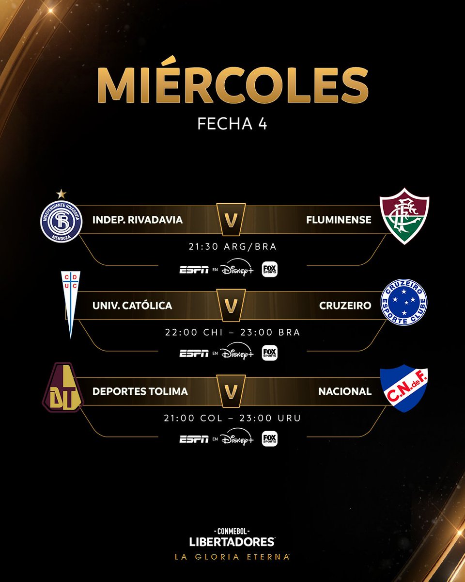 Libertadores's tweet photo. 📅😍 ¡Horarios y partidos para este miércoles en la CONMEBOL #Libertadores!

#GloriaEterna https://t.co/Y1rogCiKnj