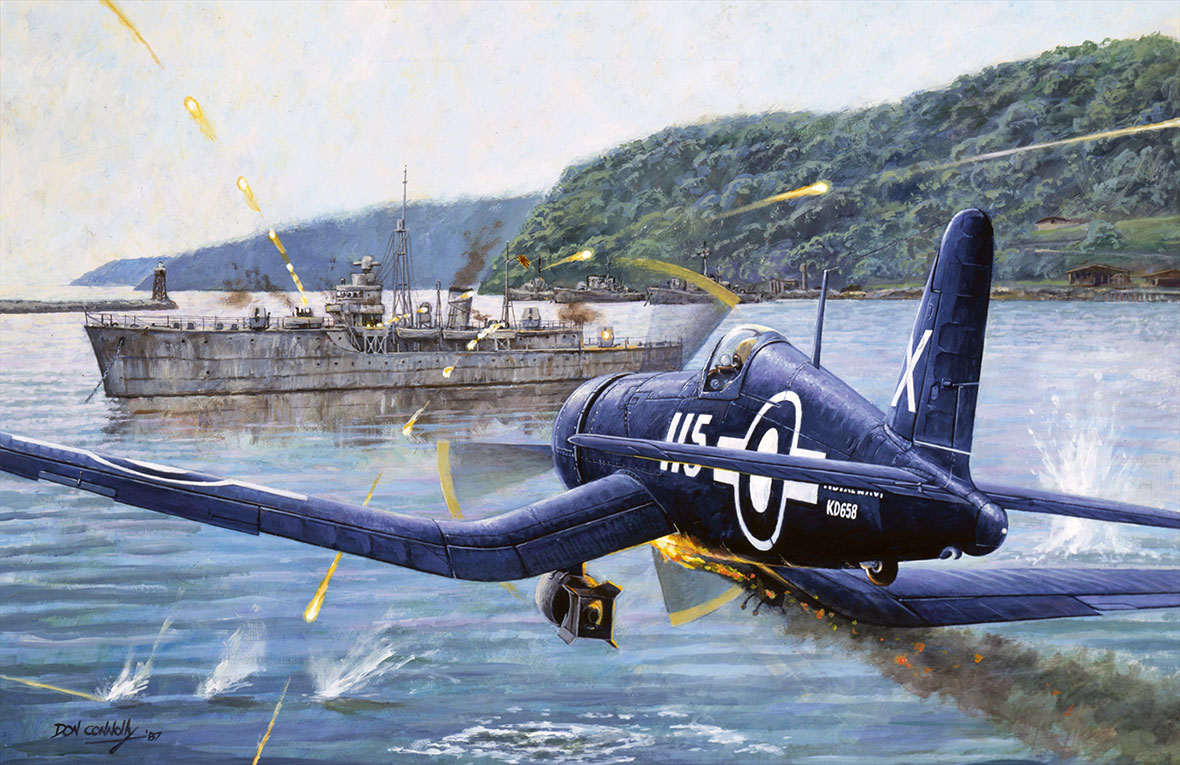 ReadyAyeReady's tweet image. Donald Connolly, Finale, picturing the action in Onagawa Bay, Japan, 9 August 1945, from which Lieutenant Robert Hampton Gray, VC, DSC, was posthumously awarded the RCN's only Victoria Cross. #RCN #Photos #History