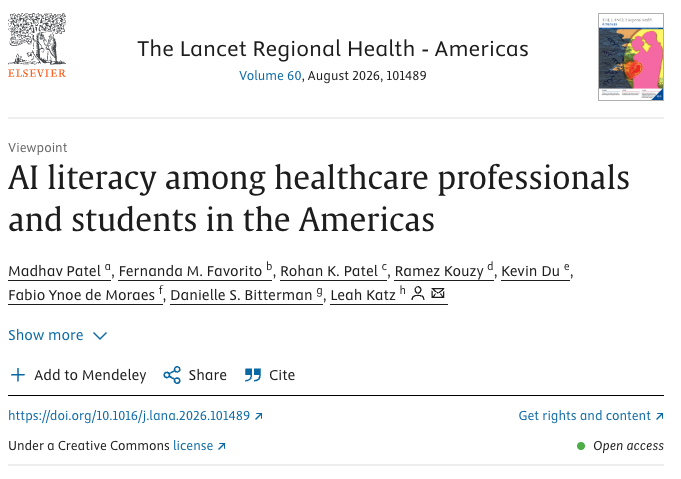 RohanPatelMD's tweet photo. AI is rapidly reshaping healthcare and medical education—but clinicians and trainees need the tools to keep up. Proud to share this timely review led by @_madhavp, @ferfavorito &amp; @leah_minnie on building AI literacy across the Americas in @LancetRH_Americ

https://t.co/9M3QXORNqC https://t.co/vnVfO0HOQO