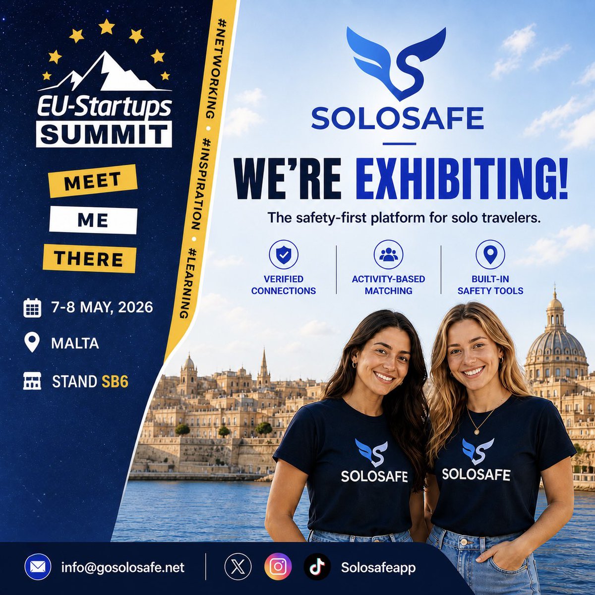 SoloSafeApp's tweet photo. We’re counting down to exhibiting at the EU Startups Summit in Malta on May 7–8. @EU_Startups  

SoloSafe is building a safer, more structured way for people to travel and connect in real life.

What you can do on SoloSafe:
• Connect with ID verified people and make use of the safety hub features
• Match based on shared activities
• Plan trips and group experiences
• Chat and coordinate in real time

We’ll be there to meet potential users, partners, and everyone attending the summit.

Come find us at Stand SB6.
We’ll be happy to connect, share what we’re building and have real conversations.