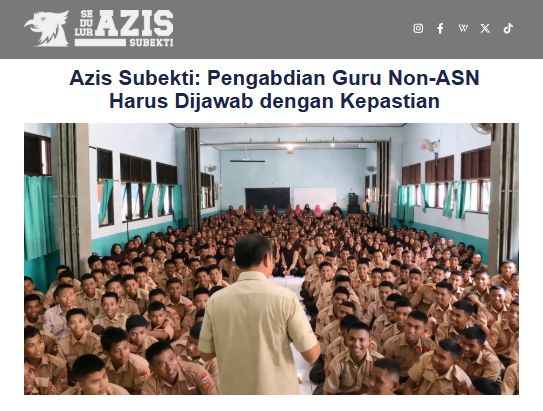 SedulurAzis's tweet photo. Azis Subekti: Pengabdian Guru Non-ASN Harus Dijawab dengan Kepastian

Anggota Komisi II DPR RI dari Fraksi Gerindra, @azissubekti , menyuarakan kegelisahan mendalam atas nasib guru non-ASN yang terancam tidak lagi mengajar di sekolah negeri mulai 2027.
#azissubekti #nonASN https://t.co/2ZAPWXjelz