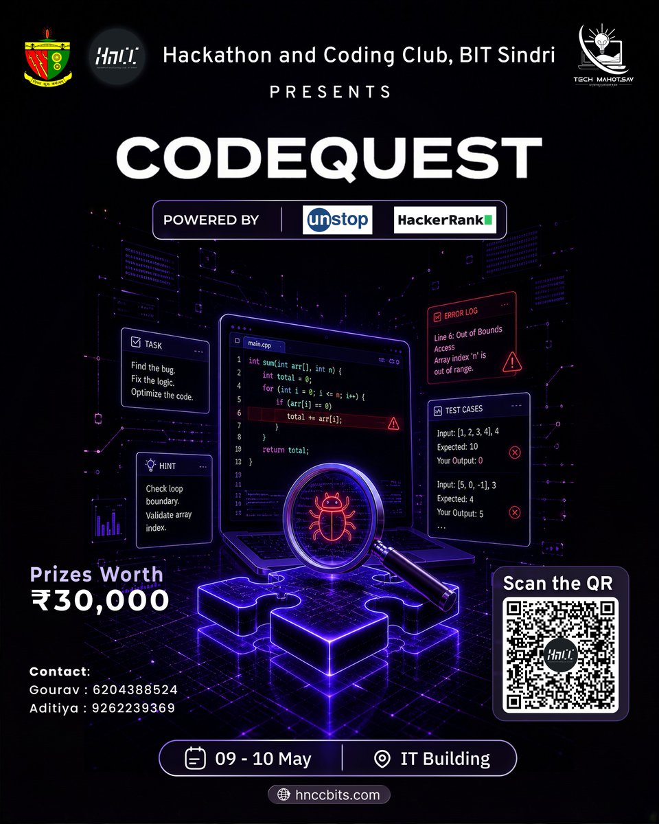 hnccbits's tweet photo. 🚀 CODEQUEST – Think. Debug. Dominate.

Coding showdown under HACKOVERSE 💻
MCQs → Coding → Finale

🏆 ₹30K | 📅 9–10 May | 📍 BIT Sindri
📲 https://t.co/FitobEJw4I

#CODEQUEST #HACKOVERSE #hnccbits #CompetitiveProgramming https://t.co/RXfz3TpH0g