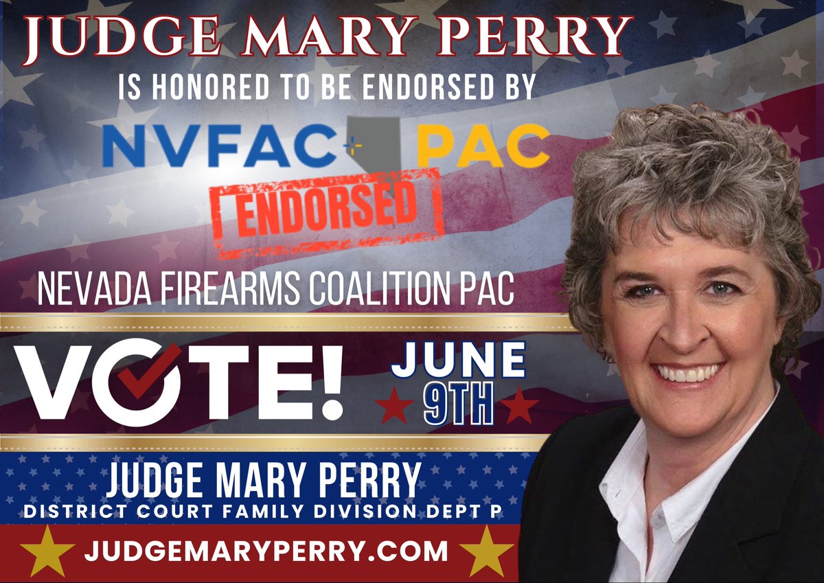 VIPIConsulting's tweet photo. Another incredible endorsement! Judge Mary Perry is honored to receive the endorsement of the Nevada Firearms Coalition PAC. Thank you for your confidence &amp; trust in Judge Perry’s commitment to fairness, integrity, &amp; service. Vote to reelect Judge Mary Perry to Dept P on June 9th https://t.co/NT4ZaDAWW3
