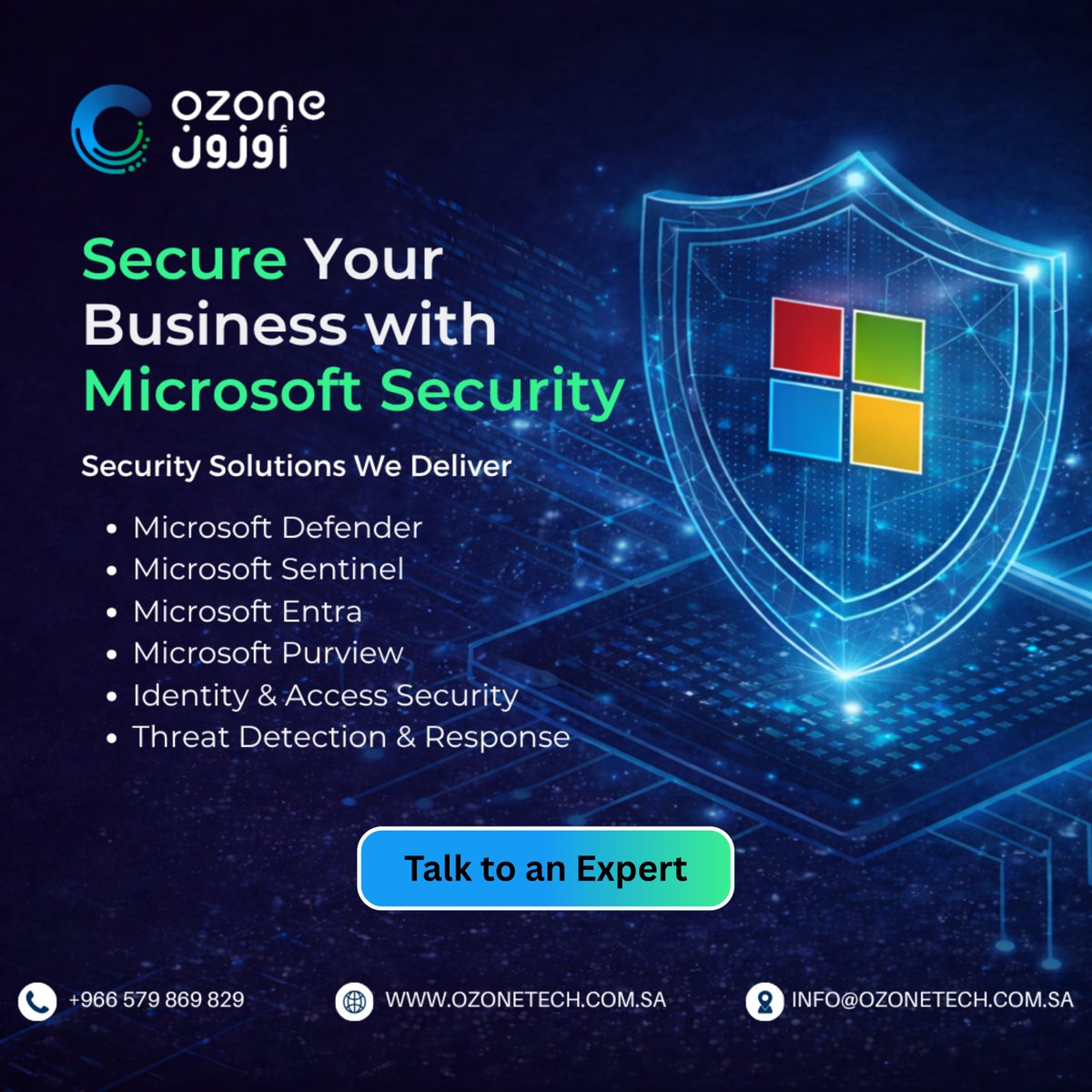OzoneTechnolog's tweet photo. #Security is more than #protection.
It’s continuity, trust, and resilience.
#OzoneTechnology supports enterprises with Microsoft Security solutions across identity, endpoints, #cloud, #data, and #compliance.

Learn more: https://t.co/HlvMdga58w

#Cybersecurity #MicrosoftSecurity https://t.co/c9FsZJKhZ5