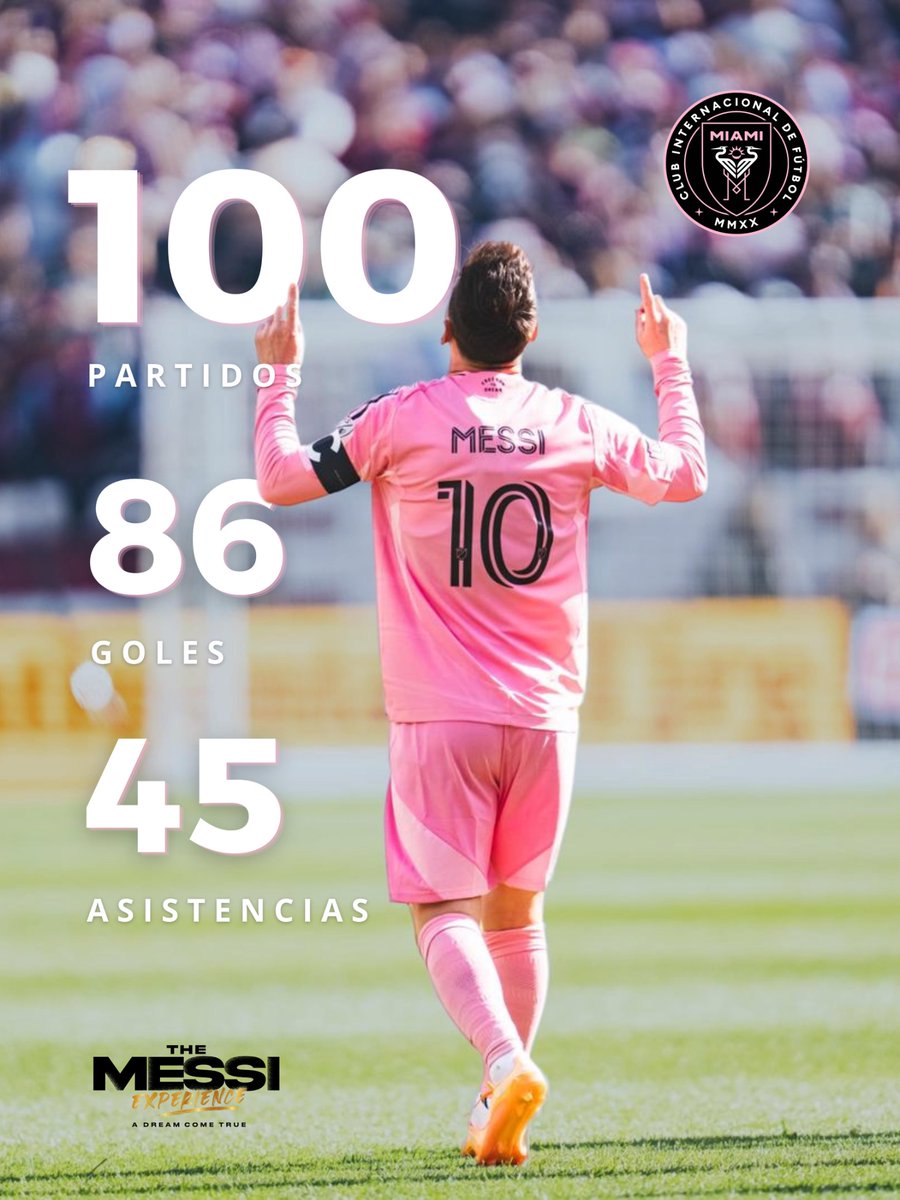 MessiExperience's tweet photo. Leo Messi ya ha alcanzado 100 partidos con el @intermiamicf.
Con 86 goles y 45 asistencias, se consolida como máximo goleador y asistidor histórico del club. 🐐✨

Revive los momentos más icónicos de su carrera, solo en The Messi Experience.

Leo Messi has now reached 100 appearances with @intermiamicf.
With 86 goals and 45 assists, he stands as the club’s all-time leading scorer and assist provider. 🐐✨

Relive the most iconic moments of his career, only at The Messi Experience.

#TheMessiExperience