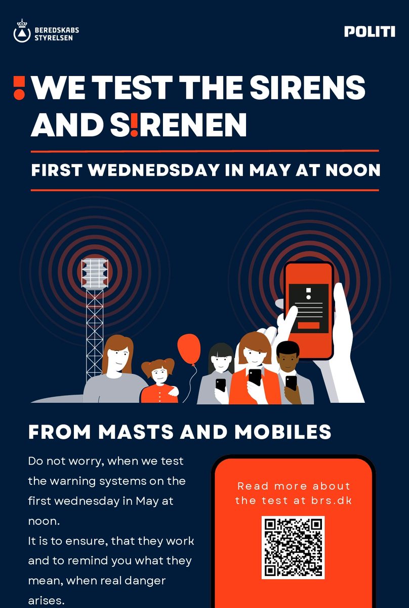 IndianDenmark's tweet photo. Tomorrow at noon, On the first wednesday of may the authorities in Denmark will test the sirens and S!RENEN, the warning system on mobile phones.
It is just a test, so there is no need to be alarmed or take any action.

Follow us
https://t.co/HQUgihZ1Zi

#Denmark #sirens #IAD https://t.co/6cNlqYOMhg