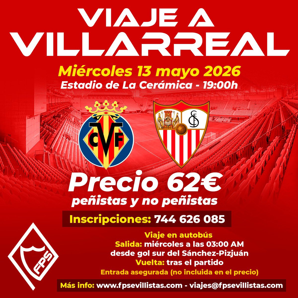 Viaje a Villarreal 

Todo aquel que acceda al autobús tendrá la entrada asegurada (no incluida en el precio).
La fecha límite para reclamar la entrada será el viernes a las 10:00 h.
