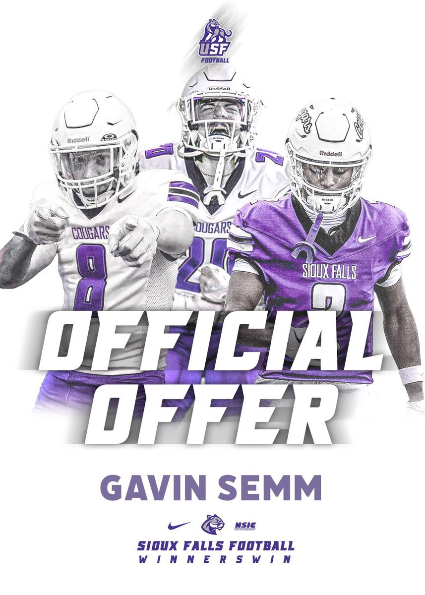 Gavin_Semm_QB's tweet photo. After a fantastic talk with @Coach_Lueds  I am extremely grateful and honored to receive a scholarship offer from the University of Sioux Falls! 

Go Cougars!

@SoutheastFB @casecedric_x @Coach_Greyson @CreightonReed @NEBHSFB @NENextt @PrepRedzoneNE https://t.co/Ecb3SLopNW