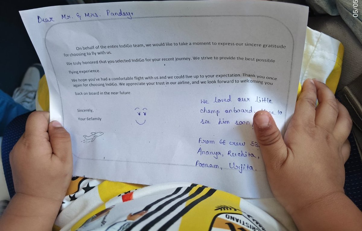 Niraj3189's tweet photo. Heartfelt thanks to the @IndiGo6E crew on flight 6E 533 for this beautiful gesture!
Ananya, Ruchita, Poonam, and Urjita made Shreyansh’s journey back from his Mundan at Tirumala truly special with this sweet note. It’s the people that make an airline great. ❤️ https://t.co/3lBt8HVD2R