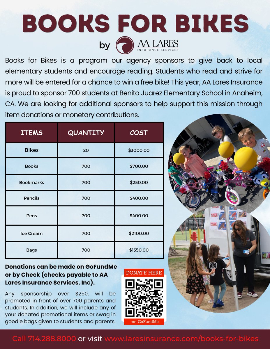 LaresInsurance's tweet photo. Every donation helps us make a difference in our community. 💙
To donate, scan the QR code or visit:
https://t.co/tFFCAA8fQ3
For questions, call 714.288.8000.

#AALI #LaresInsurance #LaresGoesLocal #OrangCounty #Insurance #ReferralRewardsProgram #CommunityProgram #BooksForBikes https://t.co/wYwKbbf6pm