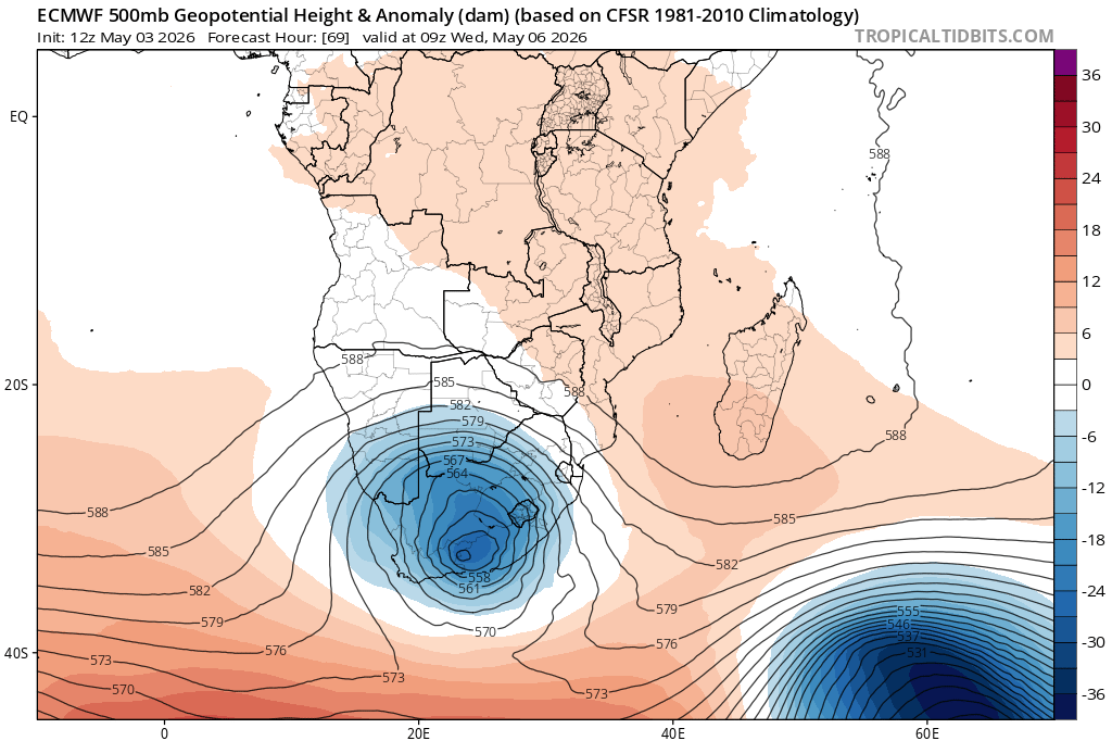 Heavy rain now developing in assoc with a unusually deep low which is forecast to develop across parts of South Africa.    An usually deep upper trough for this latitude is moving east across South Africa from Namibia,    This trough and the assoc cyclogenesis and frontogenesis