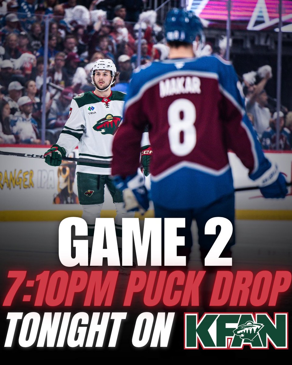 KFAN1003's tweet image. It’s Game 2, and a chance to even up the series!

Puck drop is just after 7pm tonight, and you can catch it all on KFAN and the FREE iHeartRadio app!

#mnwild | #NHL