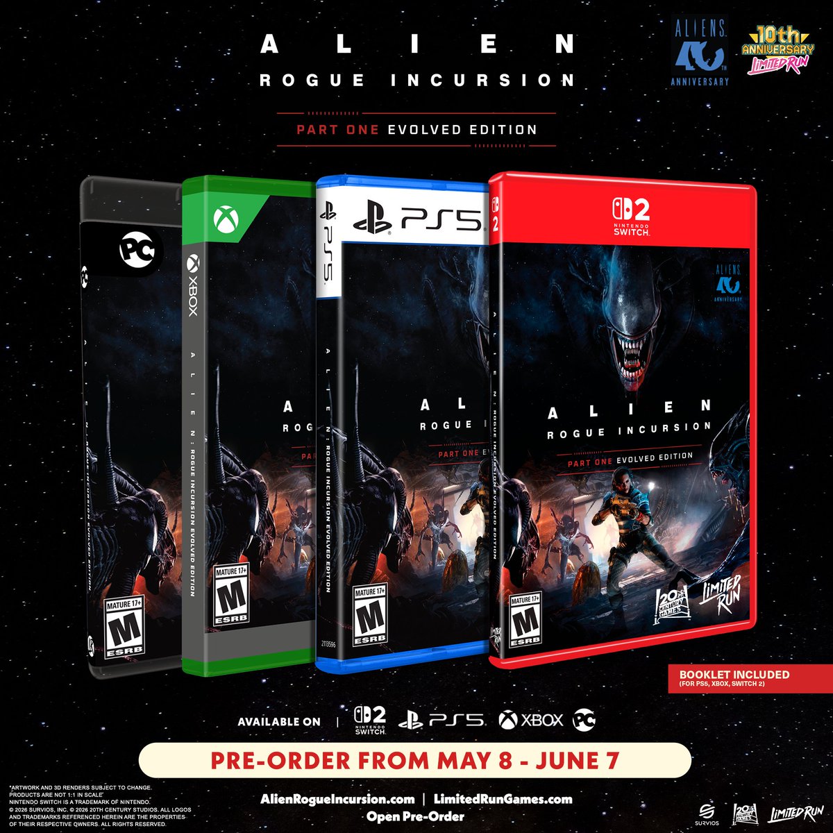 LimitedRunGames's tweet image. Get on the ready line! 

We’re excited to announce two physical editions of Alien: Rogue Incursion Evolved Edition (Part One) for PS5, Switch 2, Xbox Series X, and Steam!

Step into the boots of Zula Hendricks on a high-stakes mission.

Pre-orders kick off on May 8th!