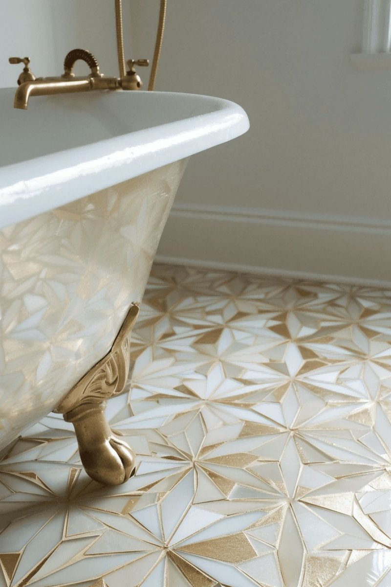 AmoreInteriors's tweet image. A vintage bathtub with gold accents meets intricate geometric floors in soft natural light. What's your favorite self-care ritual here? #SelfCare #VintageVibes #LuxuryBath