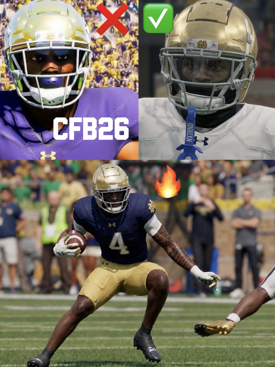 Look at the pic on the top left. Nobody wears that facemask! That facemask isn’t a thing! And yet, that facemask is everywhere in 25 and 26.

Love used a Schutt F7 UR1 with an F7-EGOP-NB-VC facemask at Notre Dame. <a href="/Equipment_Guru/">Ratings Adjustin Smith</a> 🫶