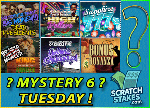 scratchstakes's tweet photo. 📣Tuesday Spoiler Alert📣
❓❔❓What are the Mystery 6❓❔❓
Play these 6 games to reveal today’s mystery for the chance to #win up to $20K! 💸

🤔Have you scratched today?
👉 https://t.co/MoTITX6rZ9 https://t.co/8lAaHYroqE