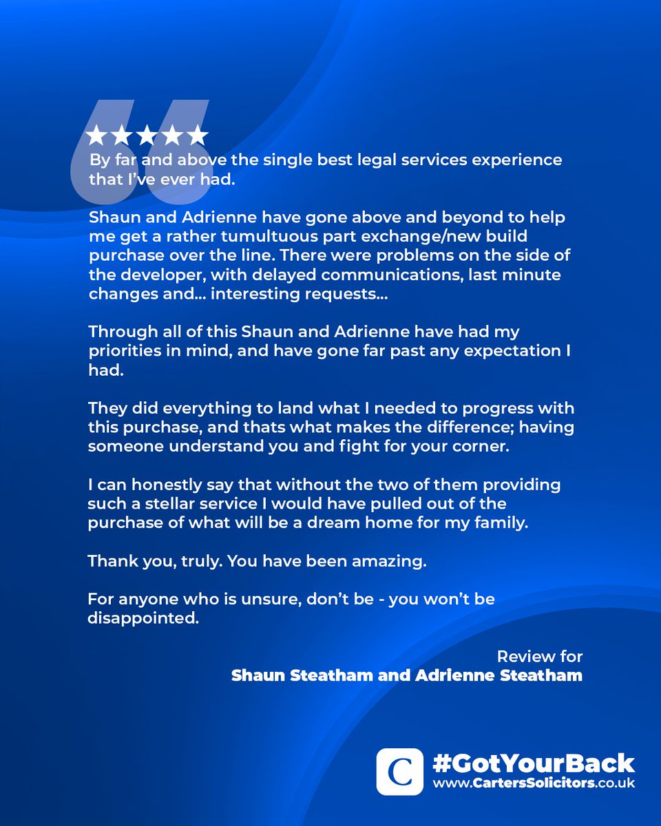 CartersSolicito's tweet photo. 👏BEST LEGAL SERVICES EXPERIENCE I'VE EVER HAD👏

Absolutely AMAZING feedback for Shaun &amp; Adrienne Steatham - What a DREAM TEAM🤝

https://t.co/AIB5vckseK
https://t.co/ew2XqLXAvi

#GotYourBack https://t.co/vLtDIikU1m