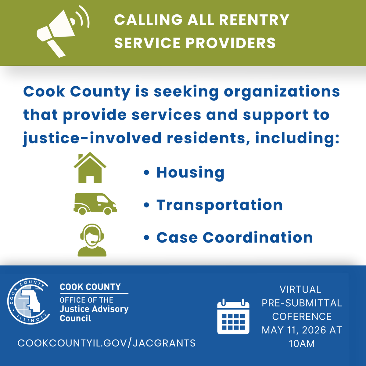 cookcountygov's tweet photo. Cook County is offering new funding for organizations providing reentry services. Join a virtual pre-submittal conference May 11 at 10 a.m. to learn more.
Register: https://t.co/VBIsLoRUdU https://t.co/N1kkB19C3t