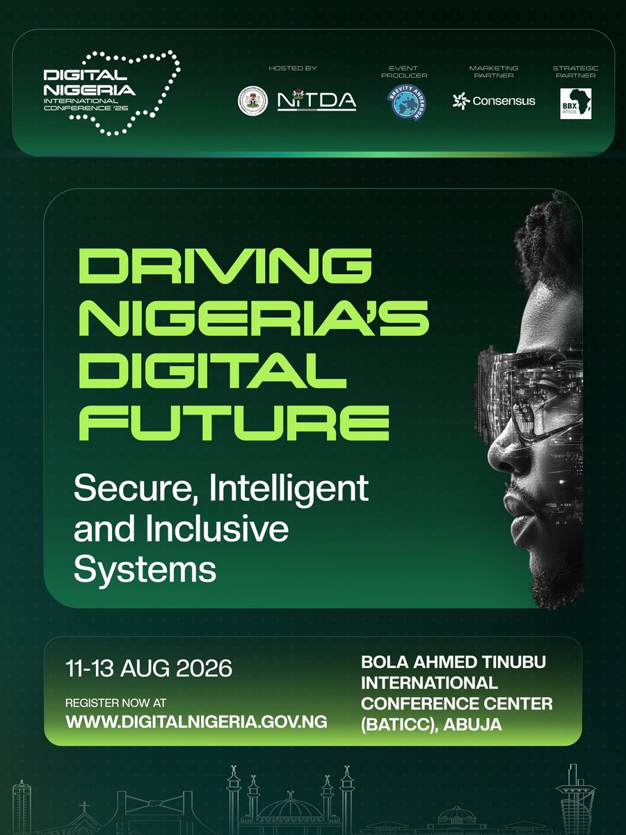 DNIConference's tweet photo. The future is digital and Nigeria is leading the charge.

Join innovators, leaders, and changemakers at the Digital Nigeria International Conference 2026 as we drive a secure, intelligent, and inclusive digital ecosystem.

Register now: https://t.co/WLPCMAu45K https://t.co/mfDzEQWyW6
