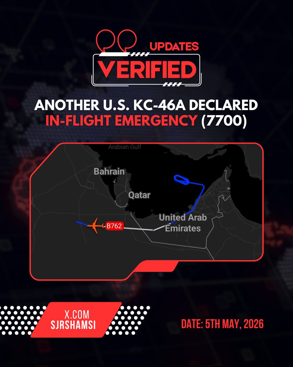 sjrshamsi's tweet image. Another U.S. Air Force aerial refueling aircraft, a KC-46A (tail number 18-46048), has declared an in-flight emergency on its return flight after operating for hours over the Persian Gulf, squawking 7700.

#Iran #Emergency #Alert