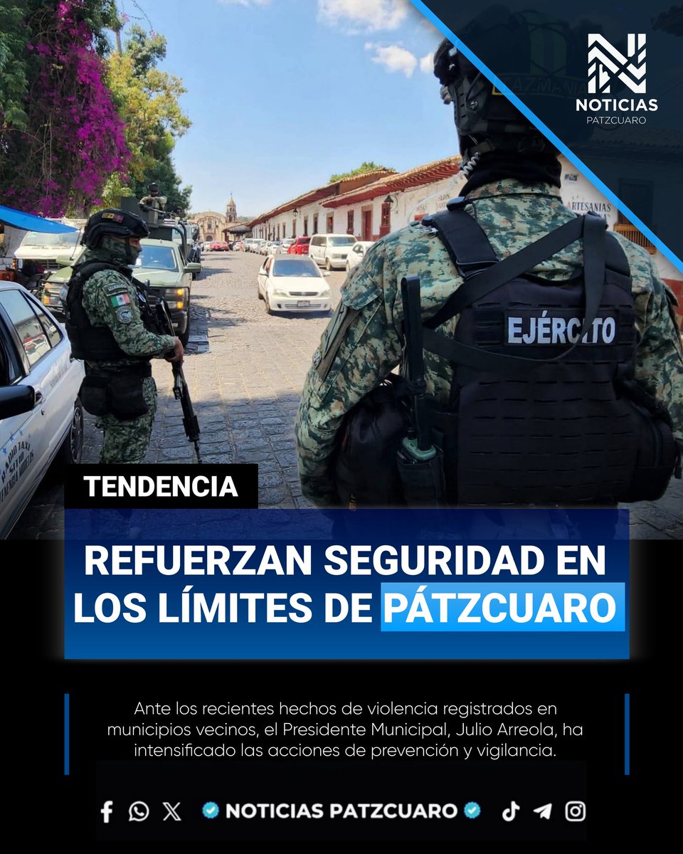 NoticiasPatz's tweet photo. 🚨 REFUERZAN SEGURIDAD EN #PÁTZCUARO 🚨 El alcalde Julio Arreola intensifica la vigilancia en zonas limítrofes ante hechos en municipios vecinos. 🚓🛡️ Se mantiene coordinación con autoridades militares para proteger a la ciudadanía. 🪖🤝 #Michoacán #Prevención #SeguridadP��blica https://t.co/W2Pyujc7TG
