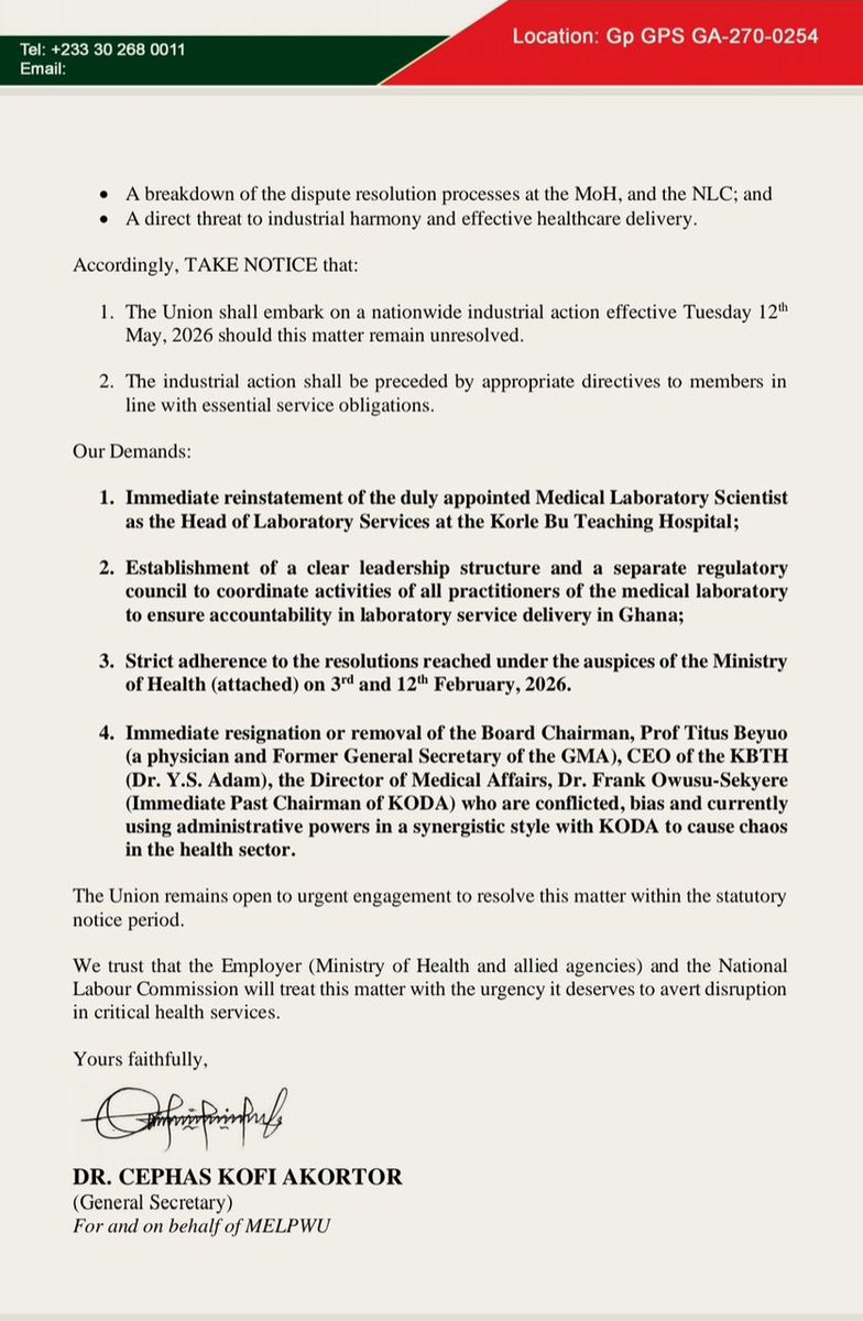 KporsuKwam83636's tweet photo. The Medical Laboratory Professional Workers’ Union (MELPWU) has served formal notice of a nationwide strike starting Tuesday, May 12, 2026, over a leadership crisis at Korle Bu Teaching Hospital (KBTH).
#wecannotfail
#melpwu https://t.co/LsDU2VWt4c