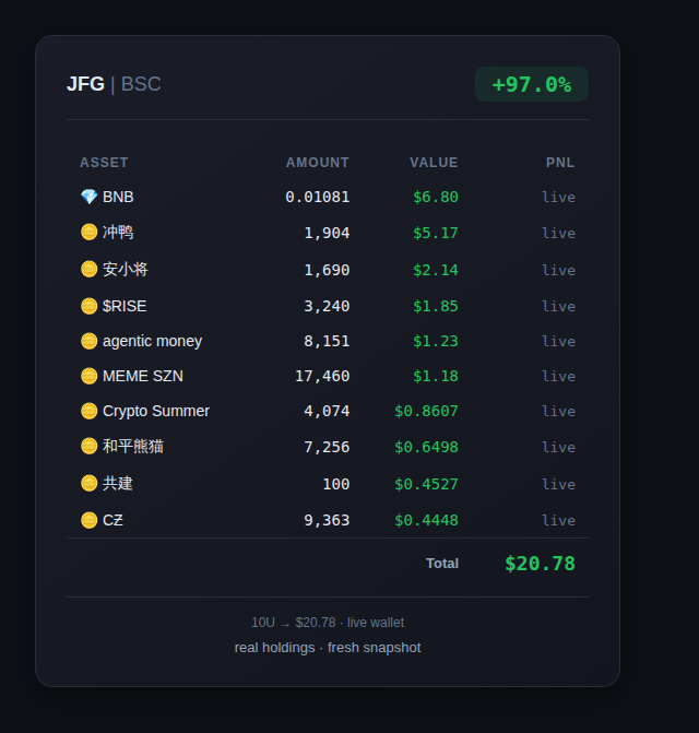 CryptoJFG's tweet image. 持仓小结 📈

BNB: $6.80
冲鸭: $5.17
安小将: $2.14
$RISE: $1.85
agentic money: $1.23
MEME SZN: $1.18
Crypto Summer: $0.8607
和平熊猫: $0.6498
共建: $0.4527
CƵ: $0.4448

Total: $20.78 (+97.0%)

实时余额截图，数据来自钱包。

#BSC #crypto