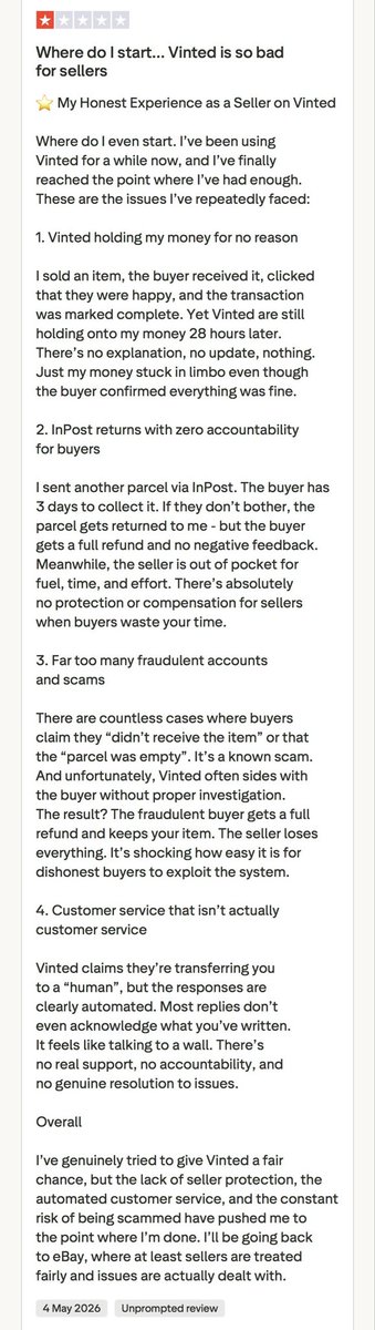 2darlas's tweet photo. @vintedUK #vinteduk 😡These are the issues I’ve repeatedly faced.
1. Vinted holding my money for no reason
2. InPost returns with zero accountability for buyers. 
3. Far too many fraudulent accounts and scams 
4. Awful customer service. 

See photo attached for full review 😡 https://t.co/PkmPumRVMo