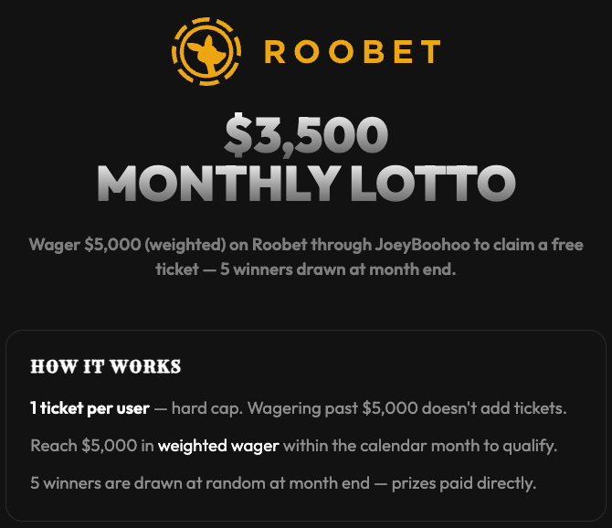 joeyboohooo's tweet image. Giving away $100 USD to 1 person who Likes, Comments, Retweets, Follows, and makes (or has) an account on code JoeyBooHoo on Roobet

The most exclusive LOW ROLLER rewards are LIVE!

As little as $5,000 monthly weighted wager gets you to the draw for $3,500 total prizes