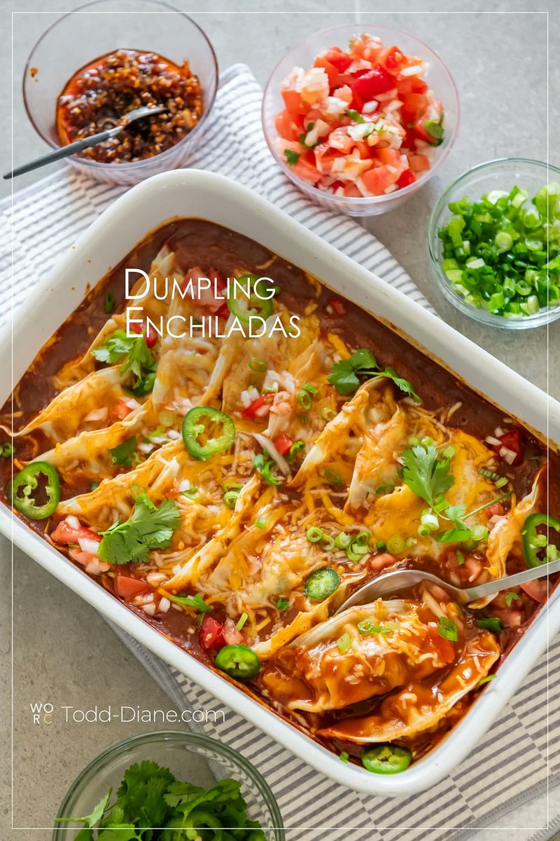 TheNibble's tweet image. Something different for National Enchilada Day: dumpling #enchiladas! The #recipe from @WhiteOnRice: t.ly/A_SvB, “the whole enchilada” in a dumpling.