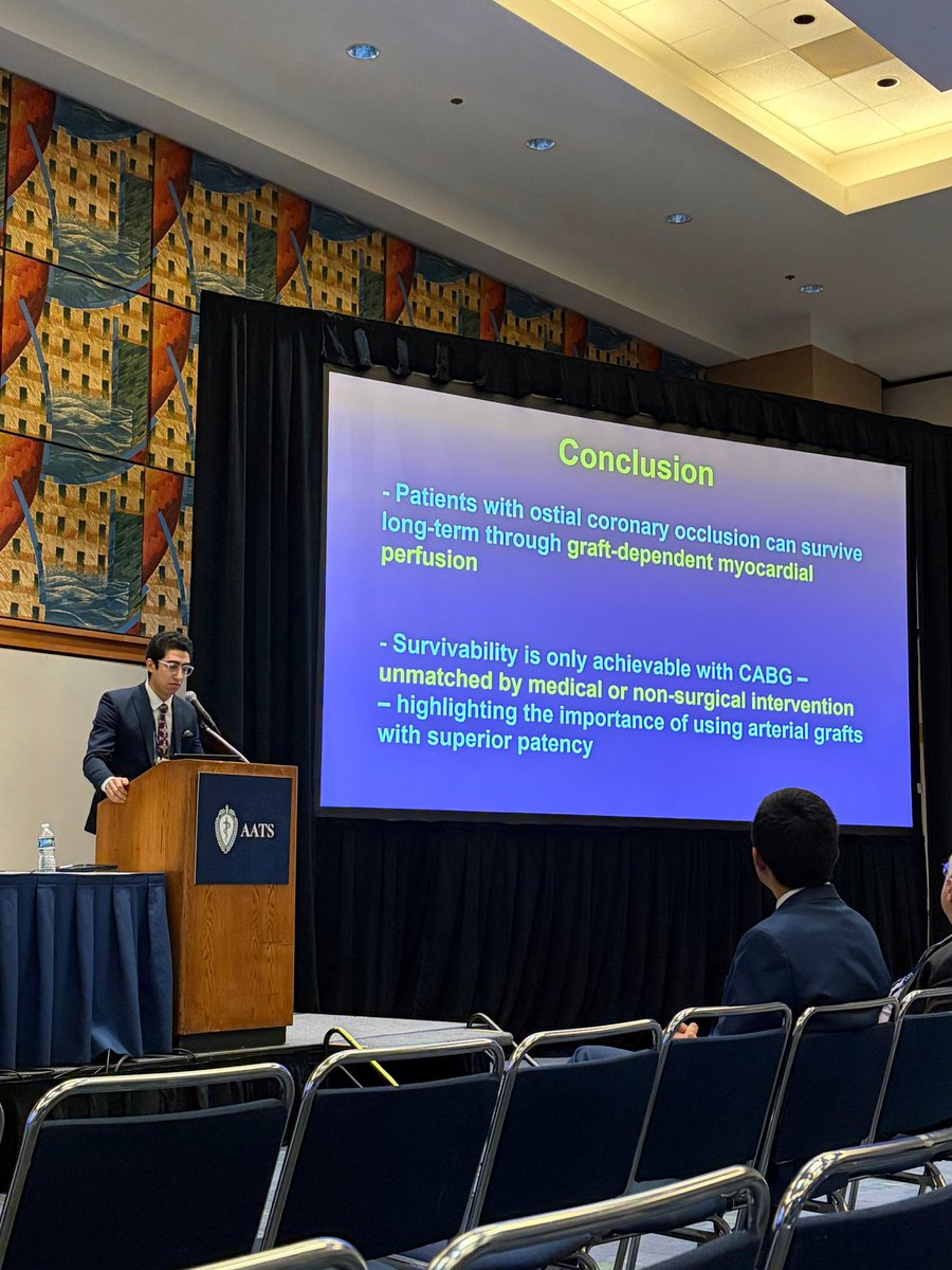 ahmedawadmd's tweet photo. Enjoyed presenting this truly one-of-a-kind cohort of patients with complete ostial coronary occlusion surviving solely on their bypass grafts. A powerful reminder of what CABG can achieve when nothing else can. Put our paper on your must-read list. #AATS2026 https://t.co/jW2Pq7BEzE