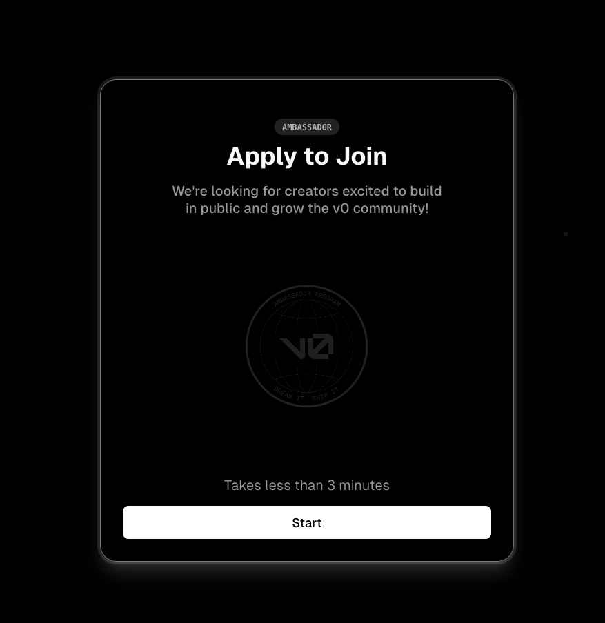 iamserlis's tweet photo. Hi @v0 i want to become an Ambassador but the button doesn´t work!

https://t.co/UYgzDjj4c4 https://t.co/DzLHJBb1ik
