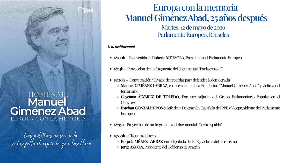 Mañana se cumplen 25 años del asesinato del líder del PP de Aragón, Manuel Giménez Abad.

ETA lo mató por la espalda, delante de su hijo de 17 años.

Durante años, el crimen quedó sin resolver. Hasta que se resolvió.

Porque la verdad no prescribe. Y la justicia tampoco, cuando