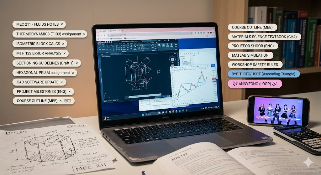 Yapwiz's tweet photo. Currently have 14 tabs 📑 open in my brain. 12 are for engineering assignments, 1 is for a potential trade, and 1 is just 'Annyeong' on loop. 🫠😭
#tech #mecheng https://t.co/qVPCSHUNqg