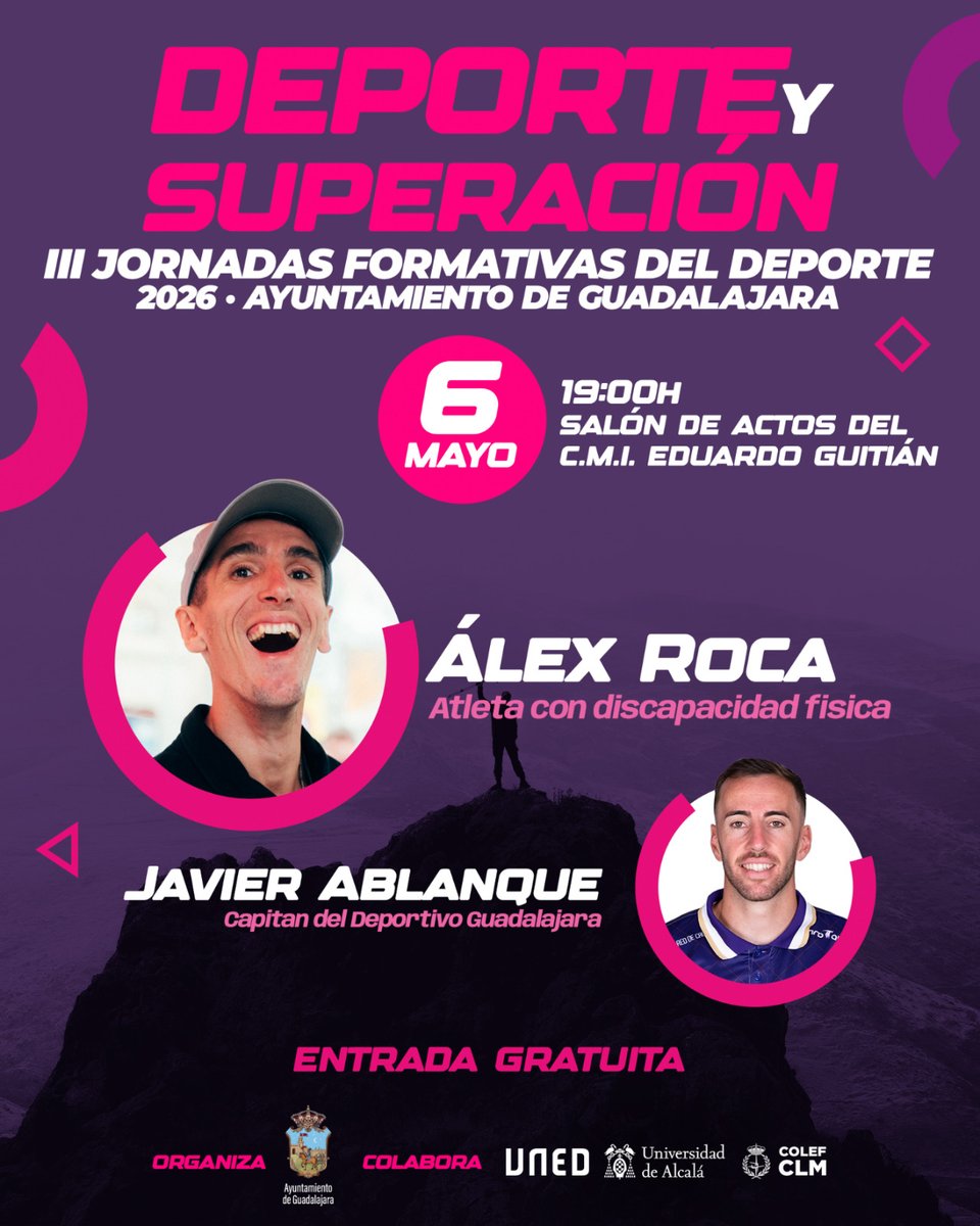 GuadalajaraAyto's tweet photo. 👟 🔝 Álex Roca y Javier Ablanque protagonizan en Guadalajara una jornada sobre deporte y superación.

🔗 https://t.co/2xLIReIRza https://t.co/G3CcGAFZUC