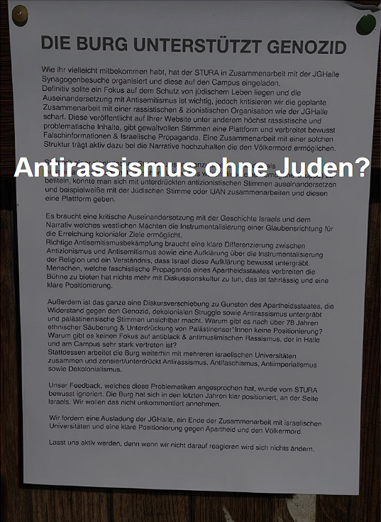 kpeterlBW's tweet photo. @s_koenigsberg Antirassist*innen, die jüdische Gemeinden ausladen, weil sie nicht ins eigene Weltbild passen, sind keine. Ein Flugblatt auf dem Campus der Kunsthochschule in Halle zeigt, wie moralische Gewissheit Differenz ersetzt – und Solidarität in Ausgrenzung kippt. https://t.co/LQqhv7Flcw https://t.co/QIi7bhYNRN
