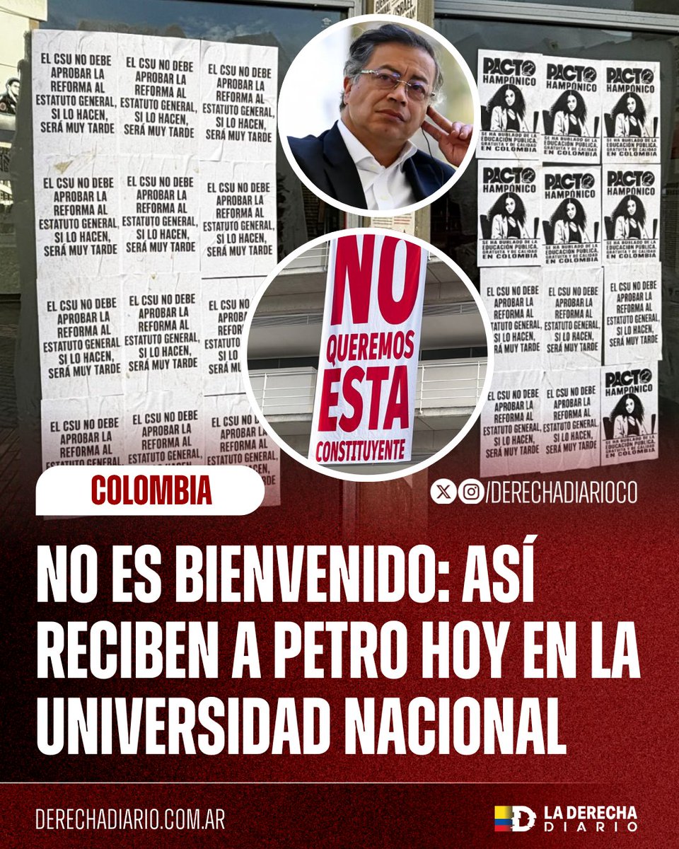🚨🇨🇴 | REPUDIO TOTAL: Estudiantes de la Universidad Nacional recibirán al drogadicto comunista Gustavo Petro con decenas de carteles contra su gobierno y la reforma al estatuto, advirtiendo al CSU y lanzando fuertes mensajes. "¿se van a robar la universidad?" "pacto Hamponico".