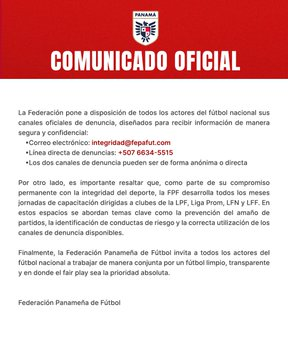 eldiario's tweet photo. #5May | La Federación Panameña de Fútbol (@fepafut) anunció que abrirá una investigación contra una presunta red de amaño de partidos en liga local, luego de que se presentó una denuncia contra un arquero que recibió un gol dudoso el pasado #2May.
"La Federación Panameña de Fútbol reitera, de manera categórica, su política de cero tolerancia frente al amaño de partidos, una práctica que atenta directamente contra la integridad, la credibilidad y los valores fundamentales de nuestro deporte. El fútbol panameño ha enfrentado este desafío con determinación y acciones concretas a través de la Oficina de Integridad y la Comisión Disciplinaria de la FPF", aseguró la Fepafut en un comunicado.