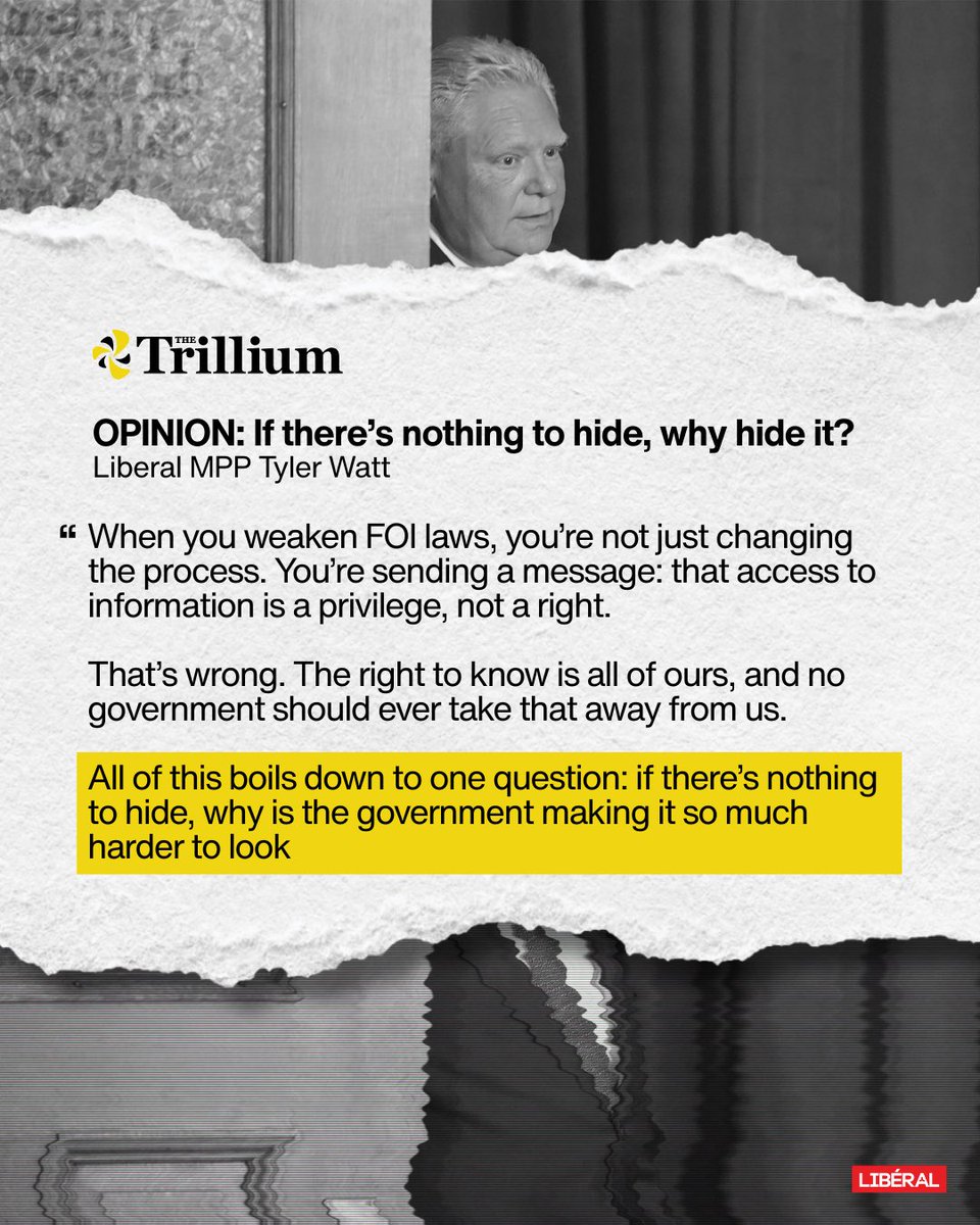 OntLiberal's tweet image. Doug Ford’s dishonest government is attacking your right to know — like never before.

Because somewhere along the way, they forgot: they don’t work for themselves. They work for Ontarians. 

And accountability should never be optional.

#onpoli