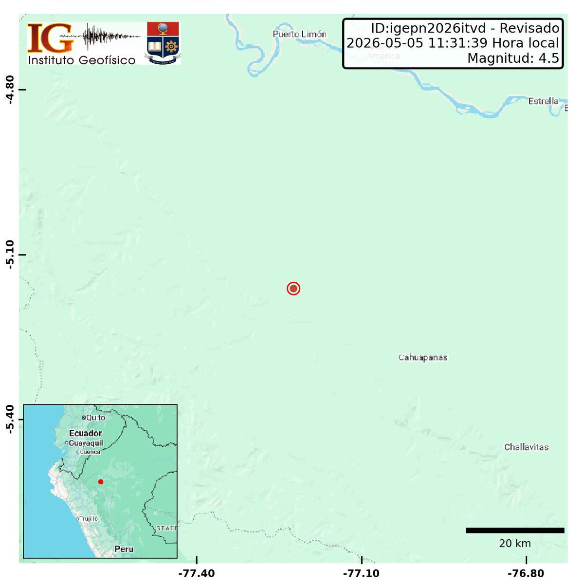[REVISADO]
Evento: igepn2026itvd
Ocurrido: 2026-05-05 11:31:39
Mag.: 4.5M
Prof.: 121.0 km
Lat.: 5.162° S
Long.: 77.224° W
Localizado: a 100.51 km de Moyobamba, San Martin
Sintió este sismo? Repórtelo: servicios.igepn.edu.ec/url/Nzc2MQ==