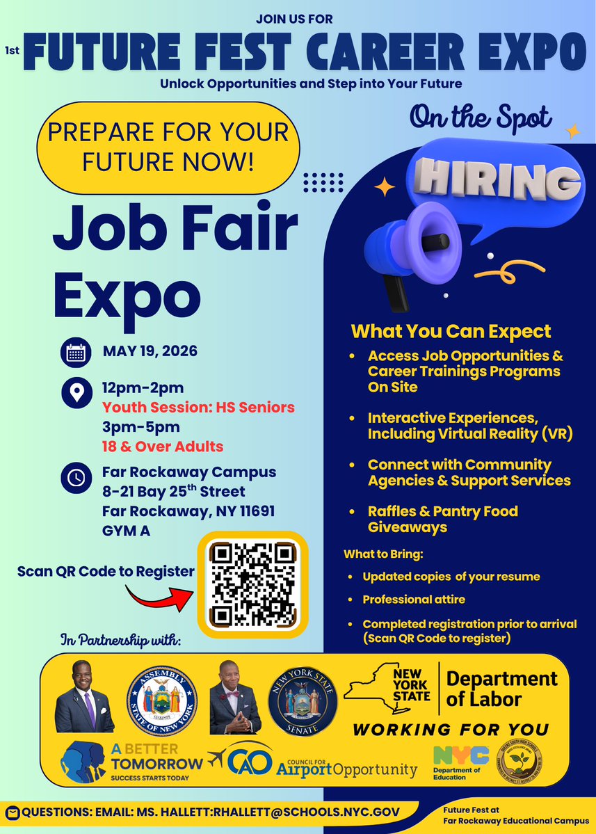 JSandersNYC's tweet image. PREPARE FOR YOUR FUTURE
👏JOB FAIR EXPO👏
MAY 19, 2026
3 - 5 PM

FAR ROCKAWAY CAMPUS
8-21 BAY 25th STREET
FAR ROCKAWAY, NY 11691
GYM A

SCAN QR CODE ON FLYER OR CLICK LINK BELOW TO REGISTER
forms.office.com/pages/response…

#jOBfAIR