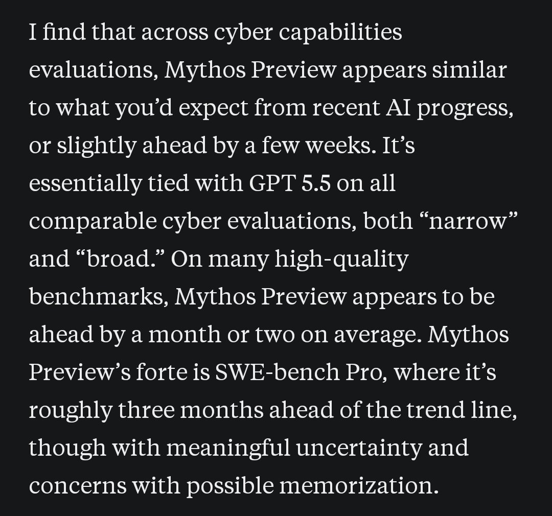 New post from <a href="/natalia__coelho/">Natália 🔍</a> on Mythos. She analyzes its capabilities using publicly reported benchmark results to determine whether the model represents a large, trend-deviating jump in performance. She concludes it's basically in line with past trends, or at most a bit ahead.
