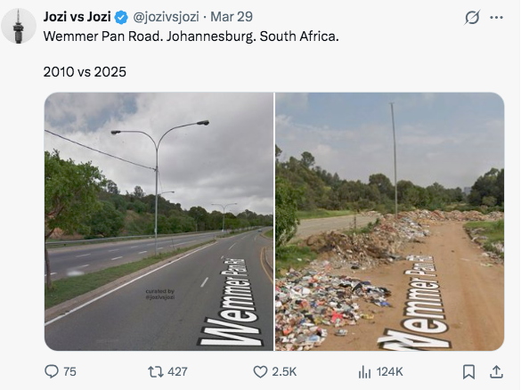 endofunk_'s tweet photo. @knuamah110768 @AlixG_2 South Africa before the end of Apartheid was pristine.
The societal destruction cause by toxic Black cultures has been record by Google street maps, and is shared online by @jozivsjozi and others.

Only an ignorant person would claim there is no difference. https://t.co/fSvueWds75