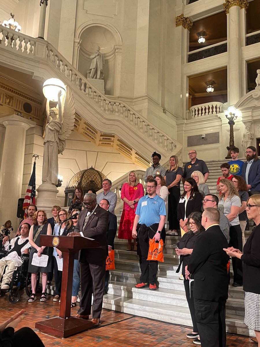 MyPLS's tweet photo. PC for Arc of PA Advocacy Day at the Capitol! Speaking at the podium is Lori Shapiro, Rep. Kerry Benninghoff, Rep. Dan Williams (chair of House Human Services Committee), and Rep. Doyle Heffley (minority chair of House Human Services Committee) #pls #legislativeintelligence https://t.co/evmKWu7d4p