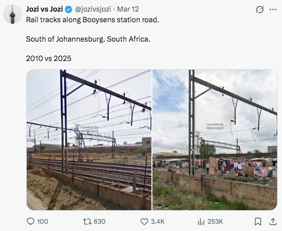 endofunk_'s tweet photo. @knuamah110768 @AlixG_2 South Africa before the end of Apartheid was pristine.
The societal destruction cause by toxic Black cultures has been record by Google street maps, and is shared online by @jozivsjozi and others.

Only an ignorant person would claim there is no difference. https://t.co/fSvueWds75
