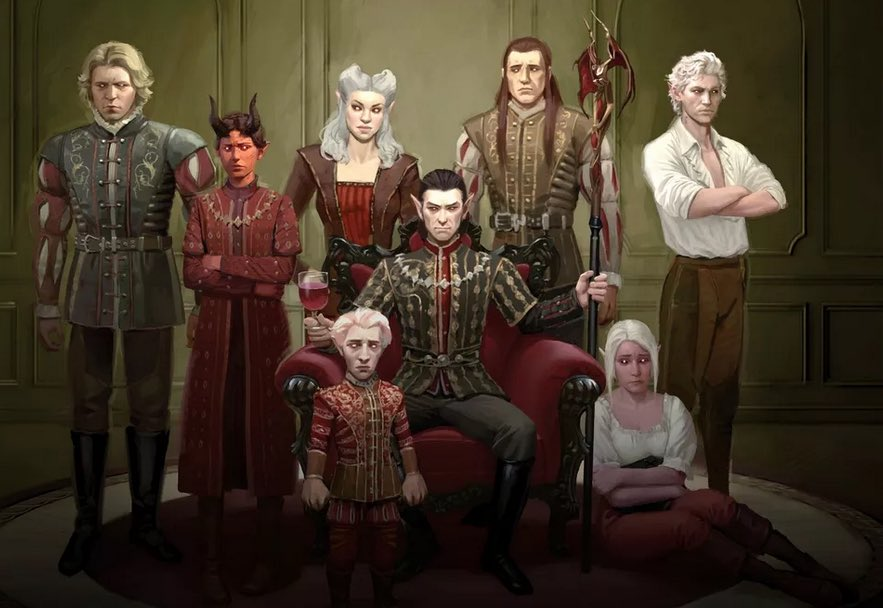 HammyBG3's tweet photo. This was brought back to my attention and-
noticed how only Astarion and Dalyria are wearing the more "loose" easy access clothing...maybe taking on the majority of sexual encounters (as a degradation and being least favoured) while the others got to attend social events more? https://t.co/NHoFxPuGOq