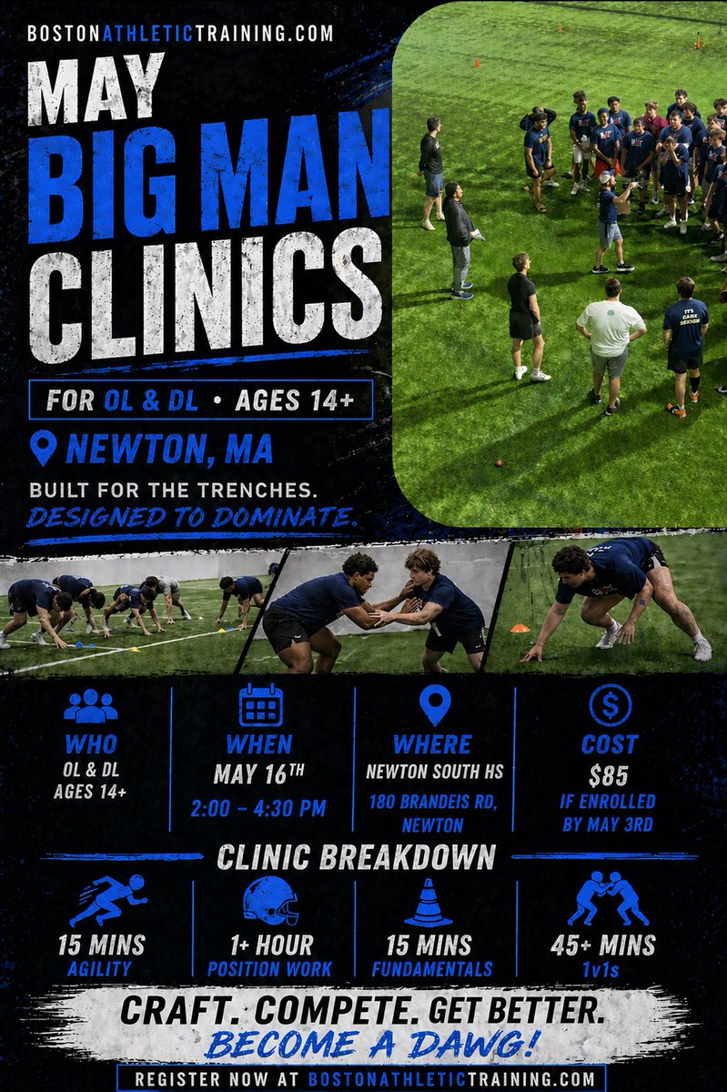 CoachChaim_BAT's tweet photo. Excited to have these 3 talented 8th graders enrolled in the BIG Man Clinic on May 16! 

Teammates @ChrisBsport & @JohnCook_65 from @CathMemKnights who were both at our clinics and impressed the staff with their athleticism and hustle.

New athlete @Bpimentel30 who played for 8th grade Mass Elite and is going to play @BrooksFb this fall!

These boys are built like HS players and ready to compete and we love seeing the enthusiasm and ability coming from these 13-14 olds who just love the game!

@NE6FB_Recruits @ESAofMass