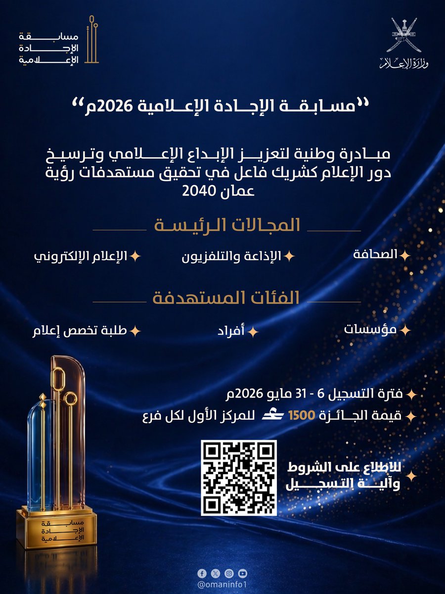 Rassd_24's tweet photo. 🔴 وزارةُ الإعلام تُعلن عن فتح باب الترشّح للمشاركة في مُسابقة الإجادة الإعلامية 2026 https://t.co/UvQBo1ANhS